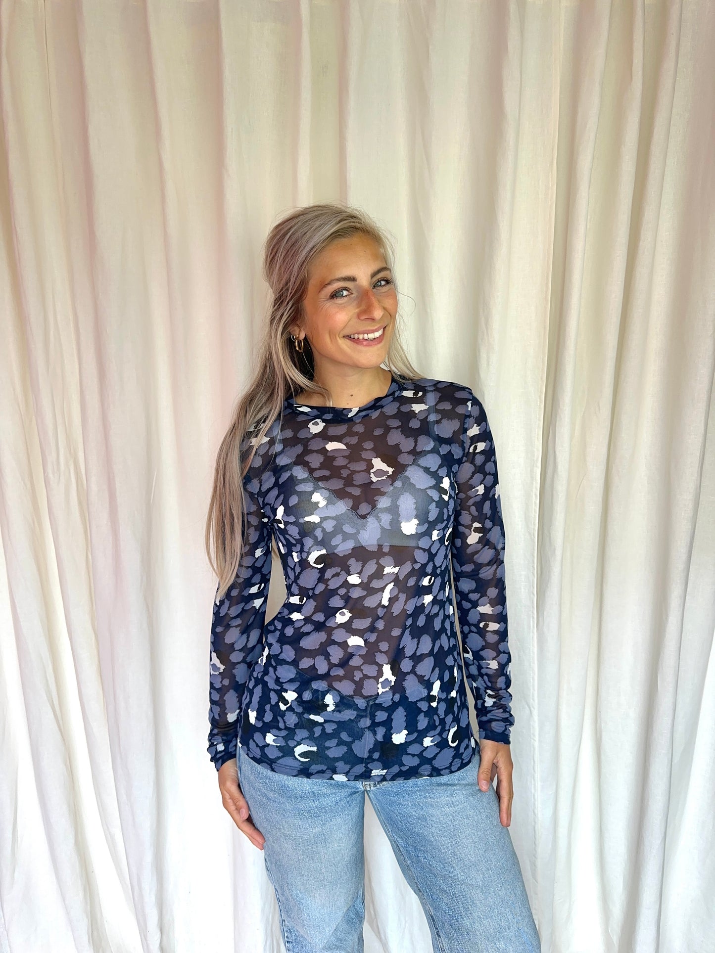 Top Object mesh panterprint donkerblauw maat XL