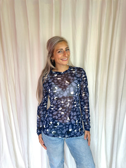 Top Object mesh panterprint donkerblauw maat XL