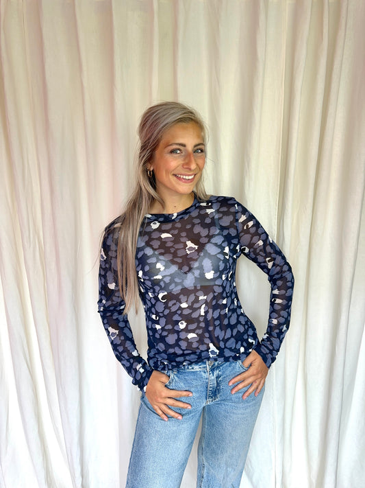Top Object mesh panterprint donkerblauw maat XL