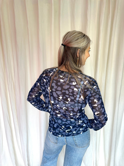 Top Object mesh panterprint donkerblauw maat XL