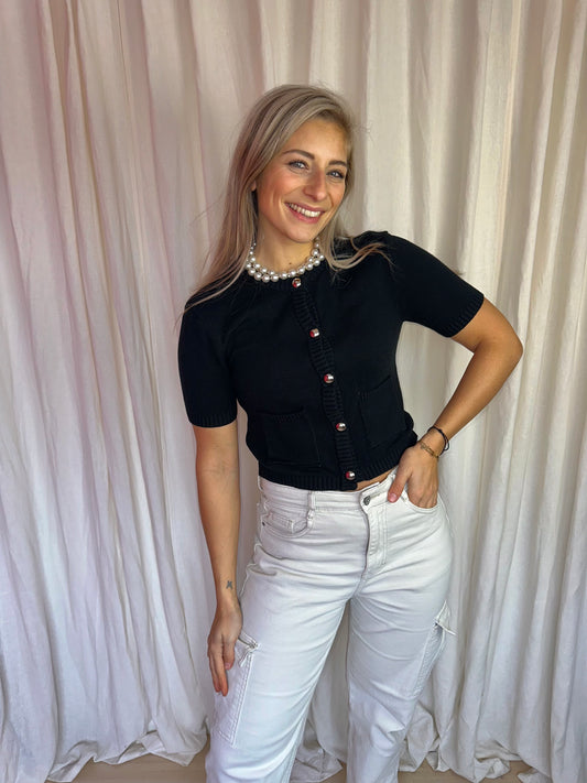 Trui H&M gebreid korte mouw knopen zwart maat XS