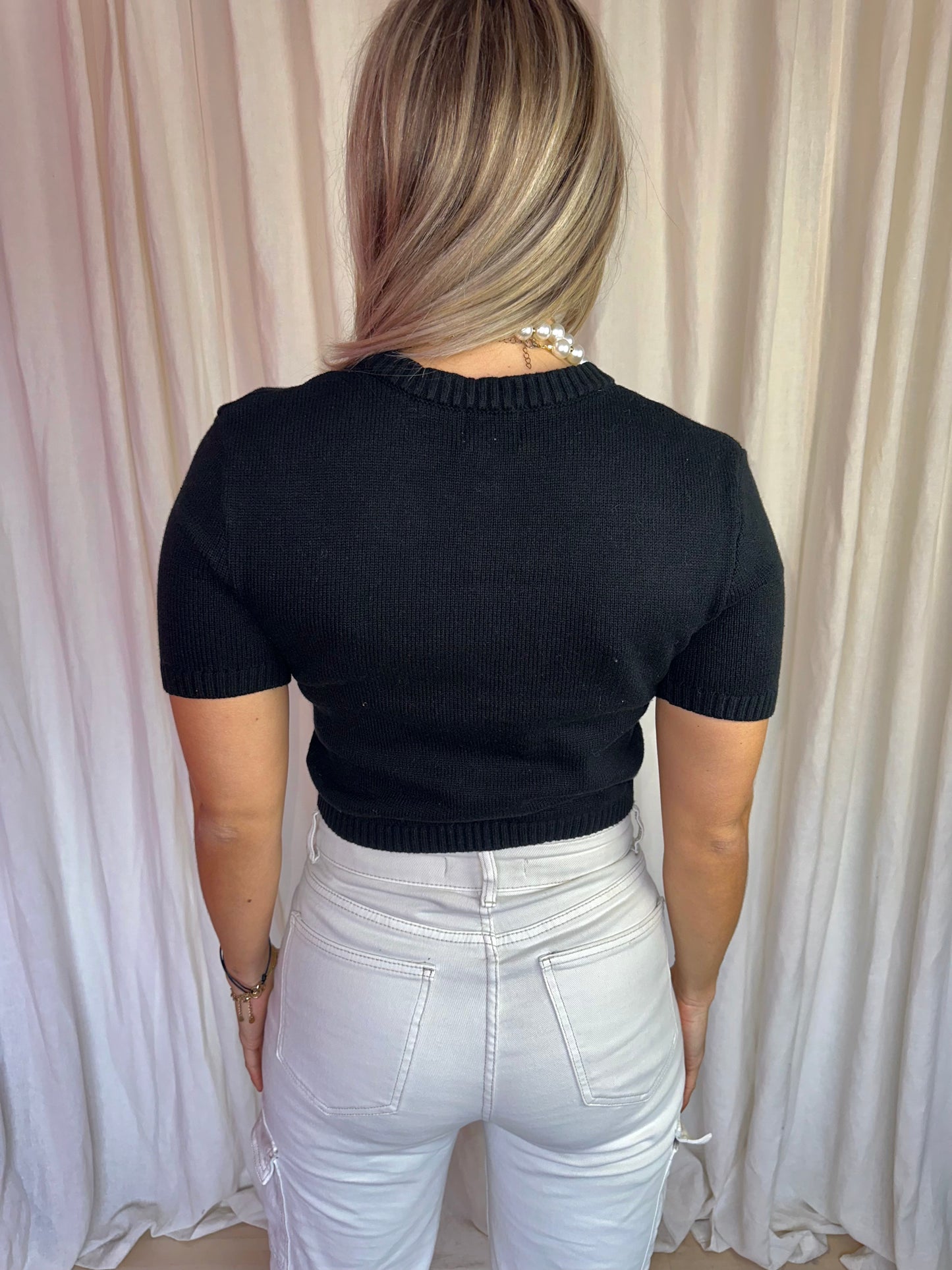 Trui H&M gebreid korte mouw knopen zwart maat XS