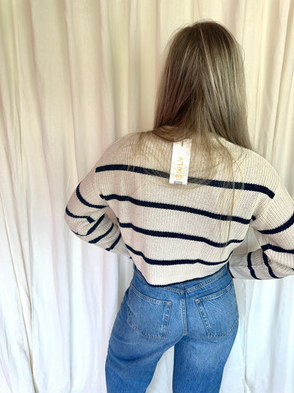 Trui Only gebreid streep beige,donkerblauw maat XS