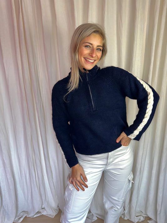 Trui Stradivarius kabel donkerblauw creme maat XS